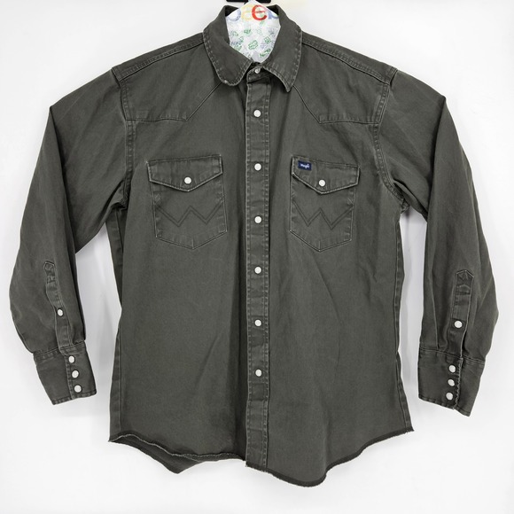 Vintage Wrangler Pearl Snap Shirt Mens Large Western Green Denim Rancher - Picture 1 of 10
